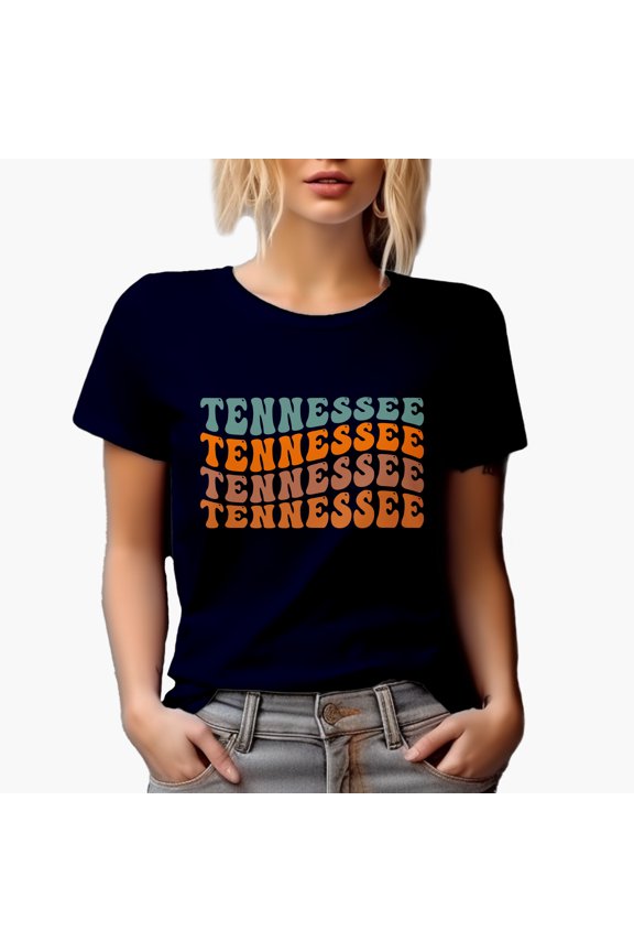 Tennessee, USA State Themed, Groovy Retro Wavy Text Merch Gift, Navy Blue T-Shirt, Large