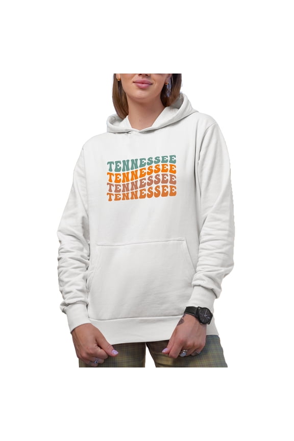 Tennessee, United States of America or USA State Themed, Groovy Retro Wavy Text Merch Gift, White Hooded Sweatshirt or Hoodie, Large