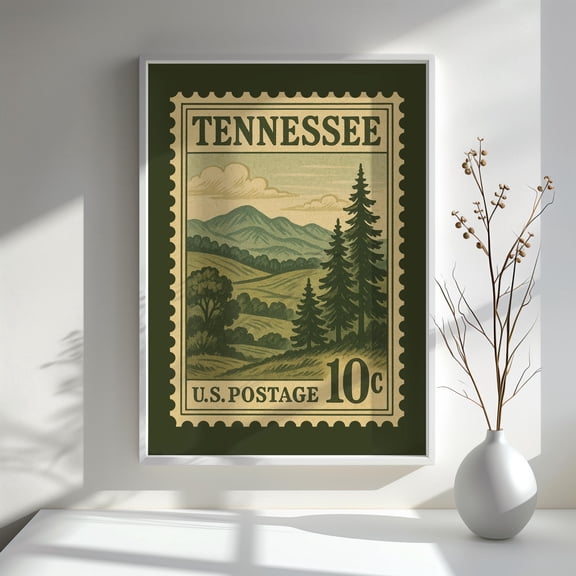 Tennessee Vintage Postage Stamp Poster Smoky Mountains Landscape Poster Retro State Travel Wall Decor, Poster Only