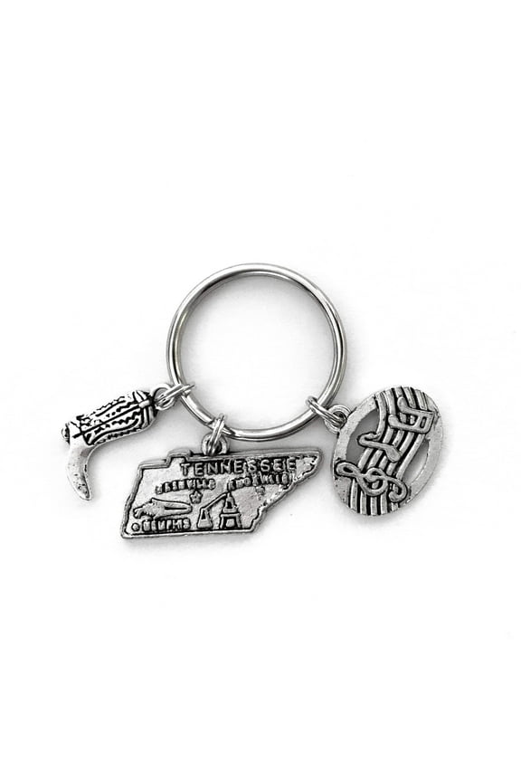 Tennessee themed keychain. Includes State of Tennessee, Musical Notes, and Cowboy Boot charms. Tennessee, Nashville, Memphis Gift.