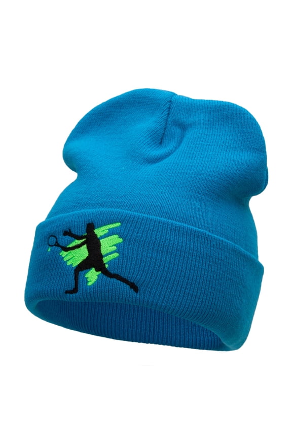 Tennis Action Player Silhouette Embroidered Long Knitted Beanie - Aqua OSFM