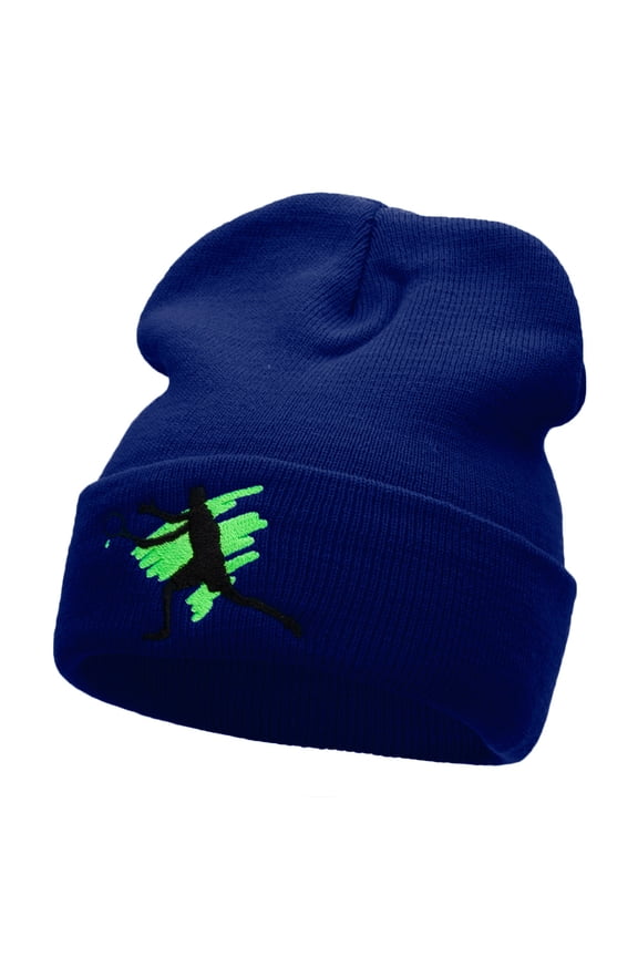 Tennis Action Player Silhouette Embroidered Long Knitted Beanie - Royal OSFM