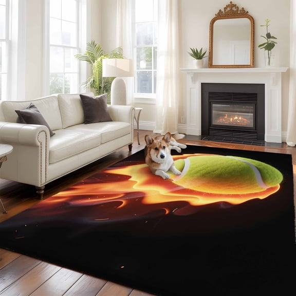 Tennis Area Rug 5x8 FT, Non Slip Bedroom Throw Carpet, Modern Sport Glowing Ball Black Background Washable Soft Floor Carpet Non-Shedding Rug for Living Room Nursery Dorm Office