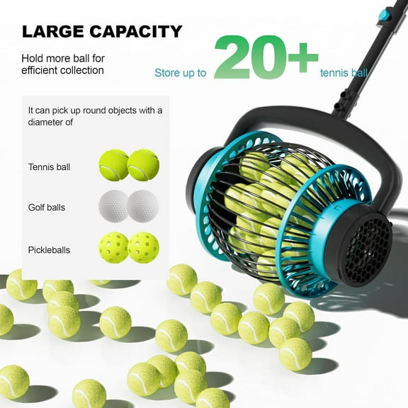Tennis Ball Collector Roller - No Bending Over, Quick Rolling Picker with Telescopic Handle for 1.5-3" Tennis/Balls, Holds Up to 20+ Balls
