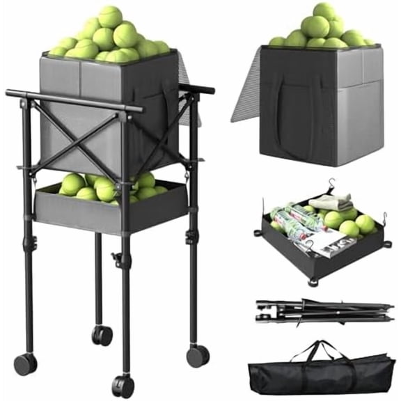 Tennis Ball Hopper with Wheels - Height Adjustable Foldable Tennis Ball Basket with Storage Bag Ball Candy for 150 Pickleball & Tennis$$Sport & Recreation Other