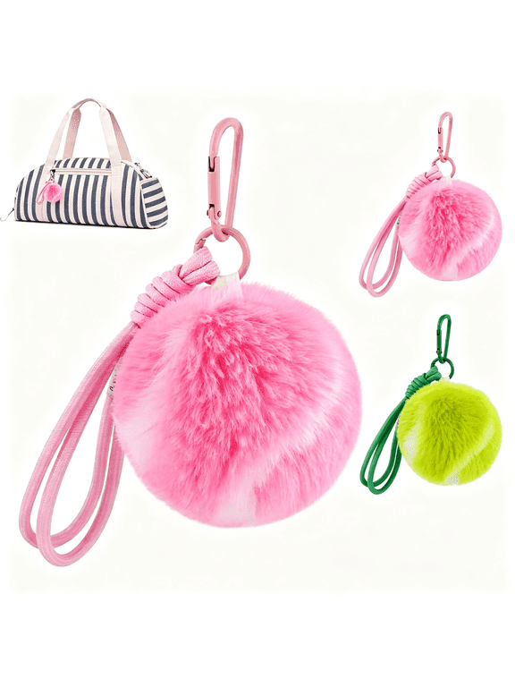 Tennis Ball Keychain Set 2 Pcs Pink Green Faux Fur Fuzzy Pom Pom Sports Plush Pendant Key Ring Bag Charms