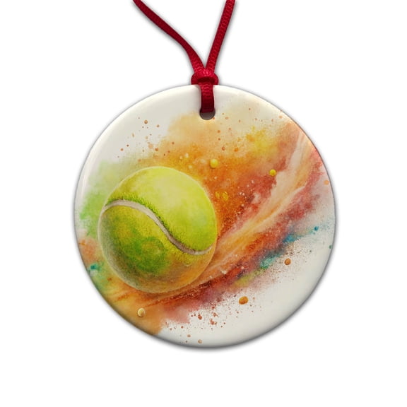 Tennis Ball Rocketing Through The Air Watercolor Christmas Tree Holiday Round Ceramic Ornament