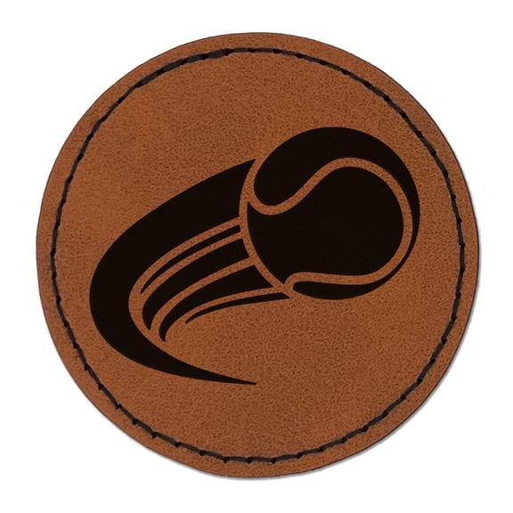 Tennis Ball in Motion Sports 2.5" Faux Leather Round Engraved Iron-On Patch - Brown
