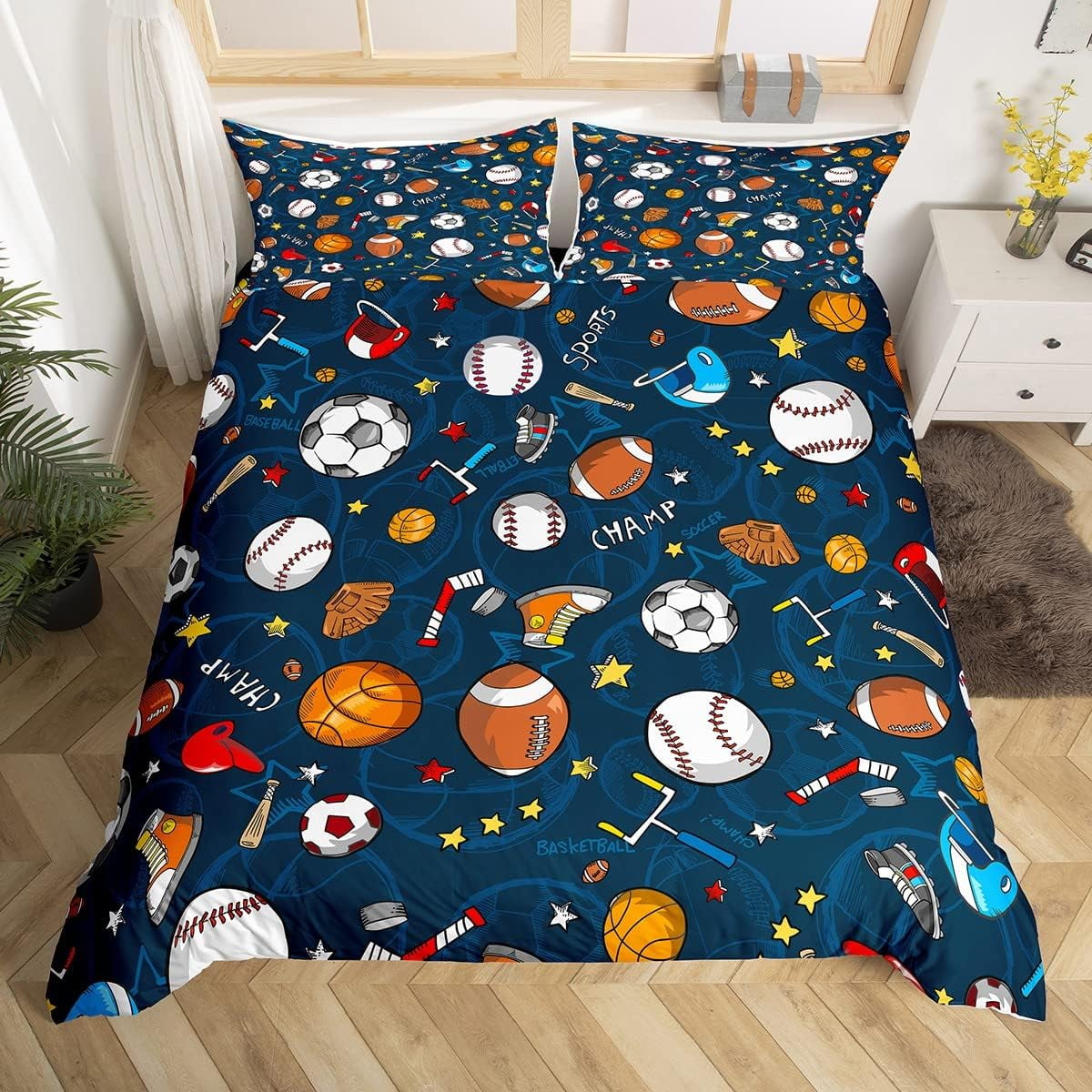 Tennis Balls Bedding Set Boys Gaming PC Reversible Comforter Cover for