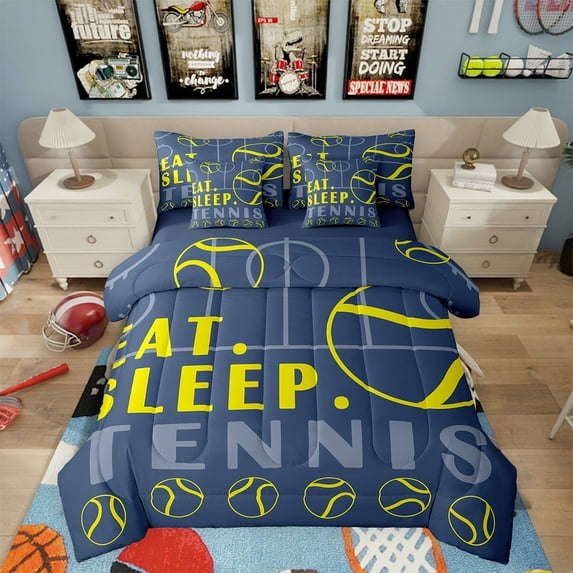 Tennis Bed in a Bag Twin Sport Game Ball Theme Comforter Set with Sheets Tennis Room Decor Bed Set Tennis Sports Bedding Sets Teen Sports Sheets 7 Pcs Navy Blue Yellow