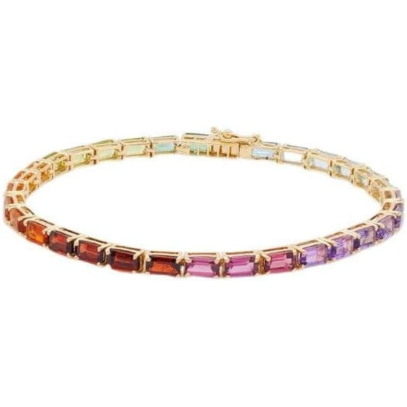Tennis Bracelet Multi-Color Gemstones, Prong Setting Women's Sterling Silver Gold Plated Rainbow 5x3 Prong Set 7 Inch Tennis Bracelet Gift for Her