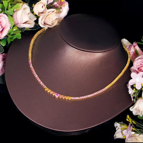 Tennis Chain Choker Necklace Gold Plated Pink Red Cubic Zirconia Wedding Jewelry