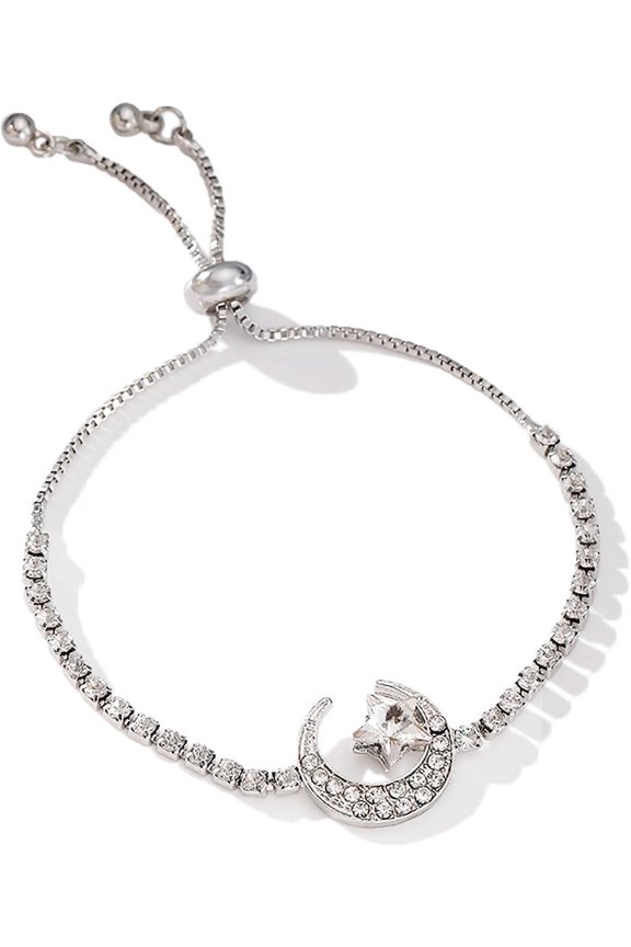 Tennis Chain Rhinestone Beads Slider Bracelet Moon Star Pendant Square Crystal Zircon Bracelet for Women, Exquisite, Adjustable, Stackable[r30187]