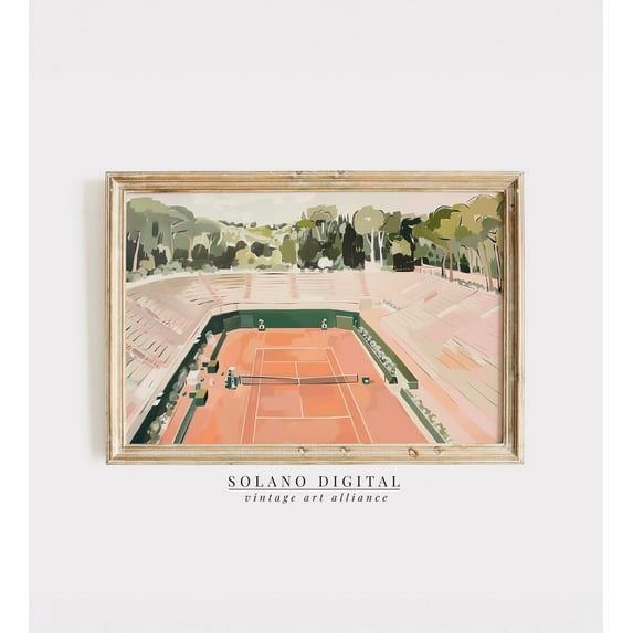 Tennis Court Art Print Vintage Style Sports Decor, Stretched Canvas 16x20in
