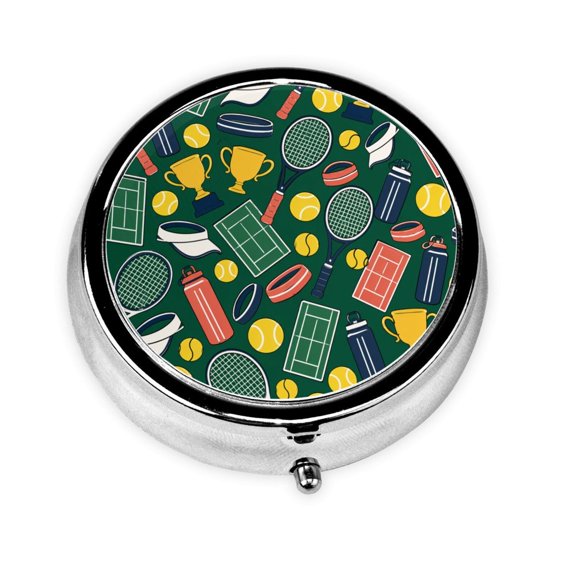 Tennis Court Icon Pattern Mini Round Pill Box Portable Small Pill Case Organizer with 3 Compartments for Pocket Purse