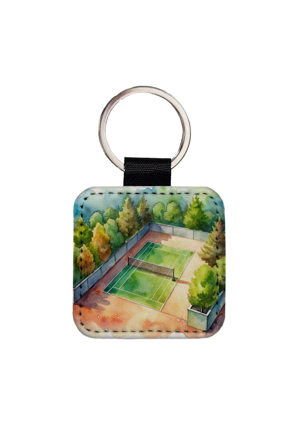 Tennis Court Watercolor Faux Leather Square Keychain