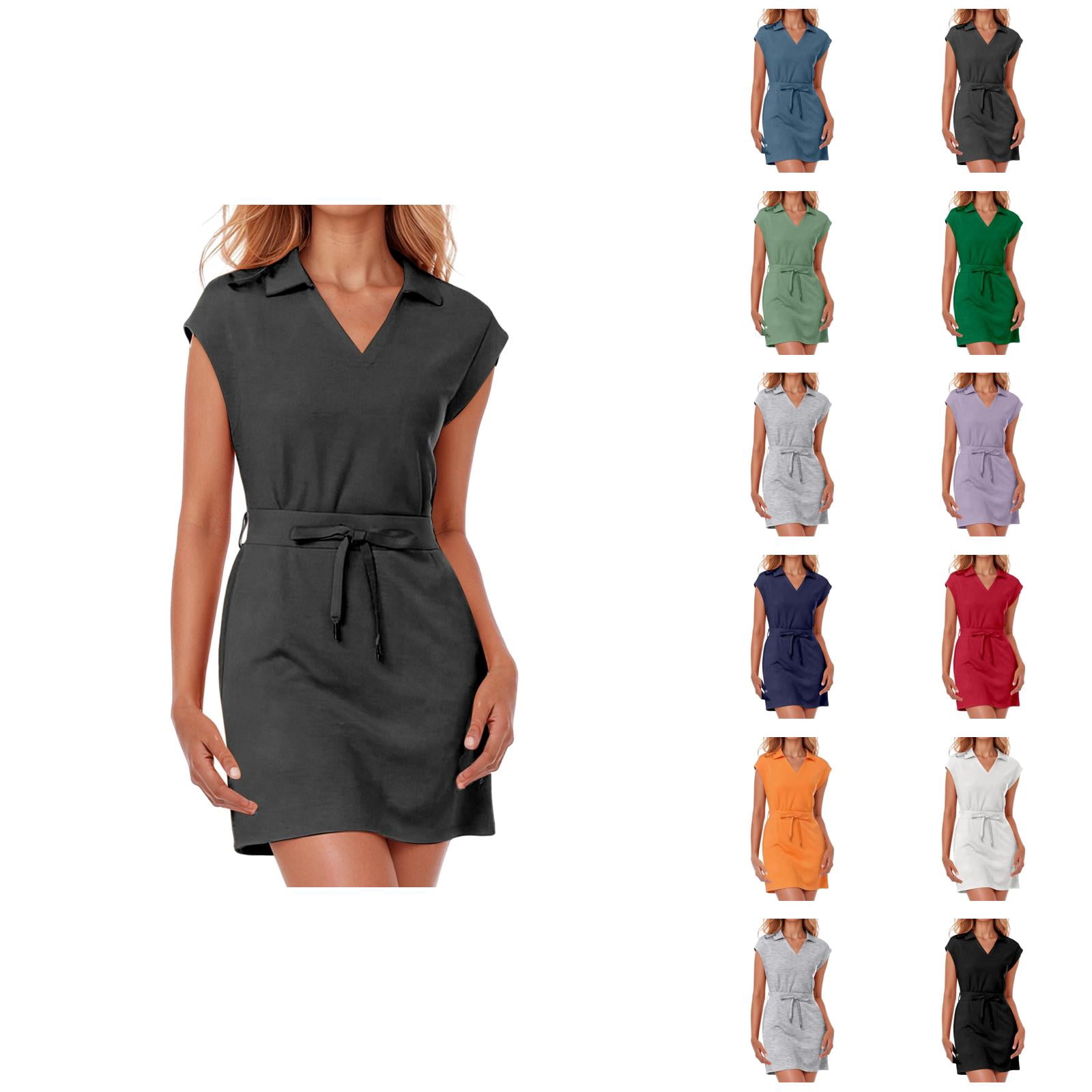 Tennis Dress Golf Dresses for Women with Shorts Summer V Neck Lapel Cap Sleeve Workout Dress Athletic Dresses