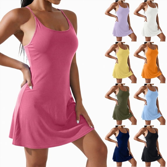 Tennis Dress With Built In Shorts And Bra Athletic Cut Out Workout Dress Gym Yoga Active Wear Outfits Hot Pink ,S