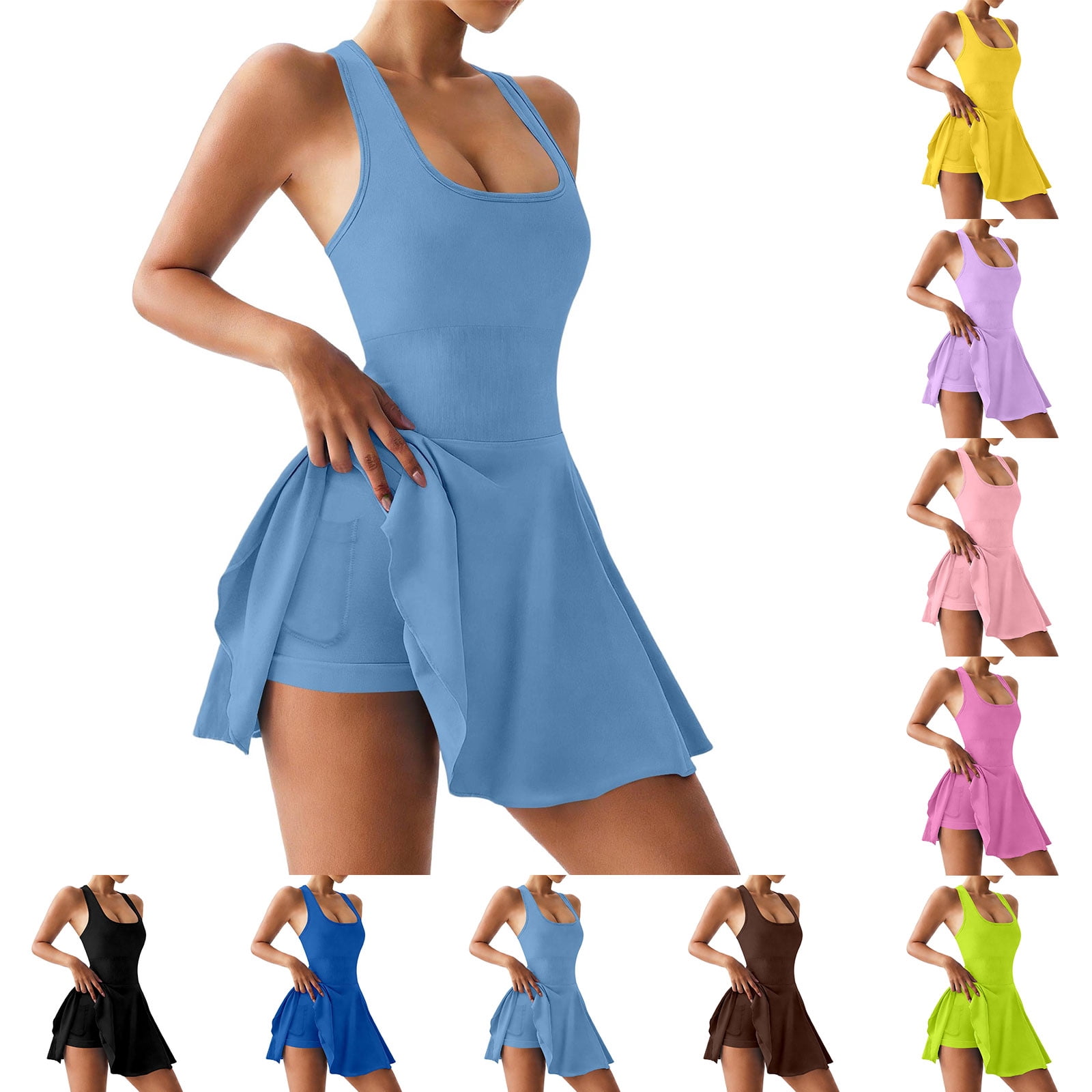 Tennis Dresses for Women Square Neck Athletic Running Dress with Built-in Short & Pockets Sleeveless Gym Work Out Dress (BU1 S)