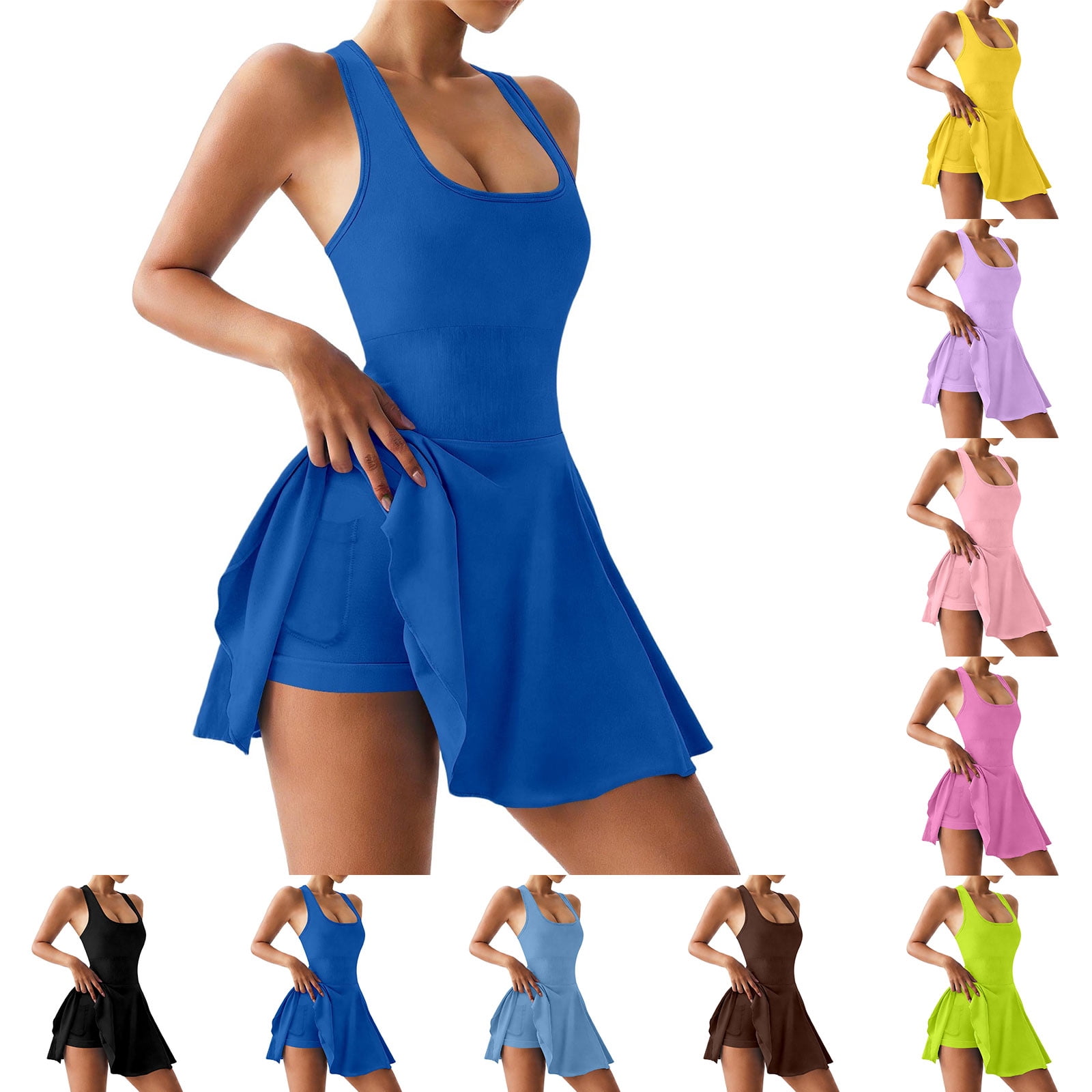 Tennis Dresses for Women Square Neck Athletic Running Dress with Built-in Short & Pockets Sleeveless Gym Work Out Dress (BU2 S)