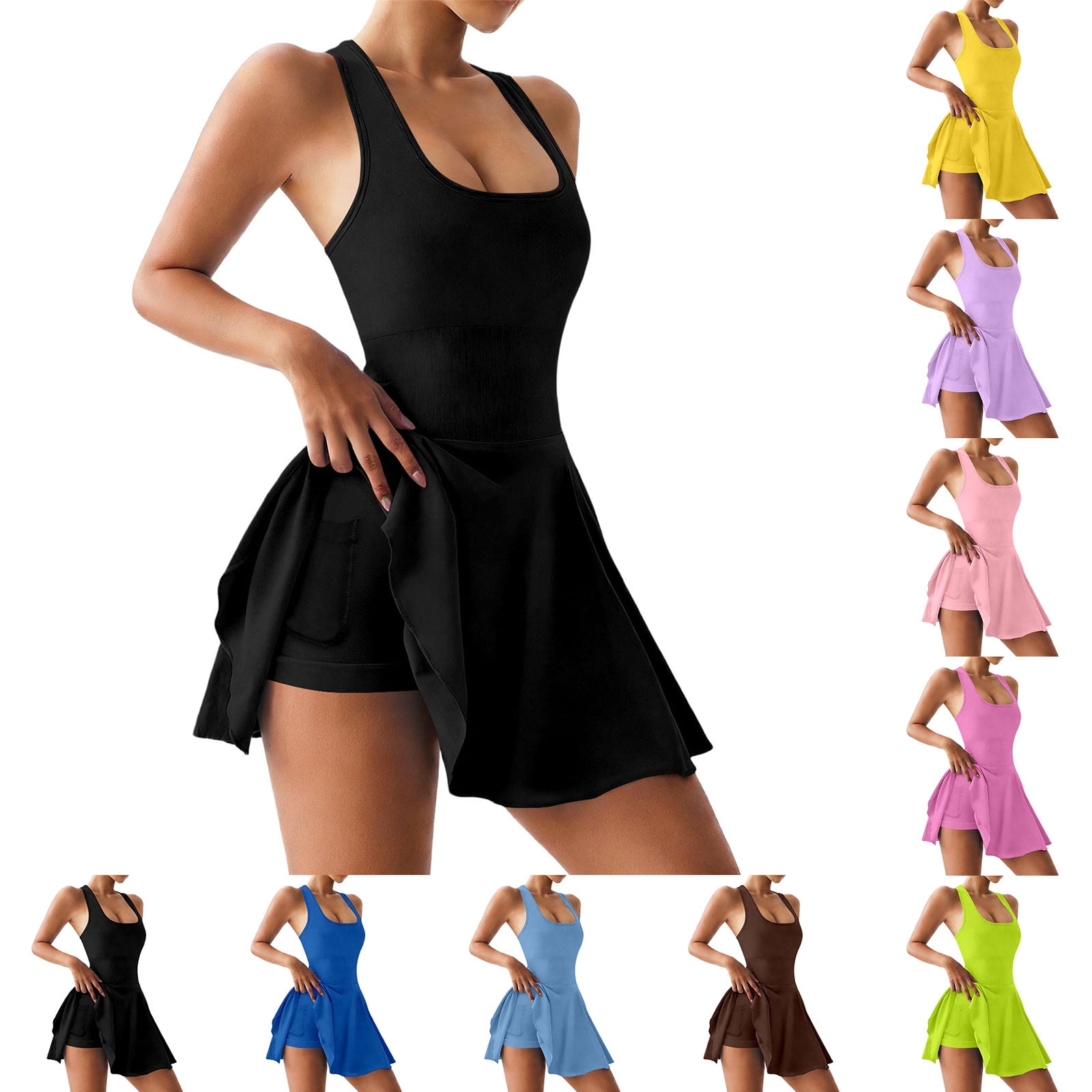 Tennis Dresses for Women Square Neck Athletic Running Dress with Built-in Short & Pockets Sleeveless Gym Work Out Dress (Black L)
