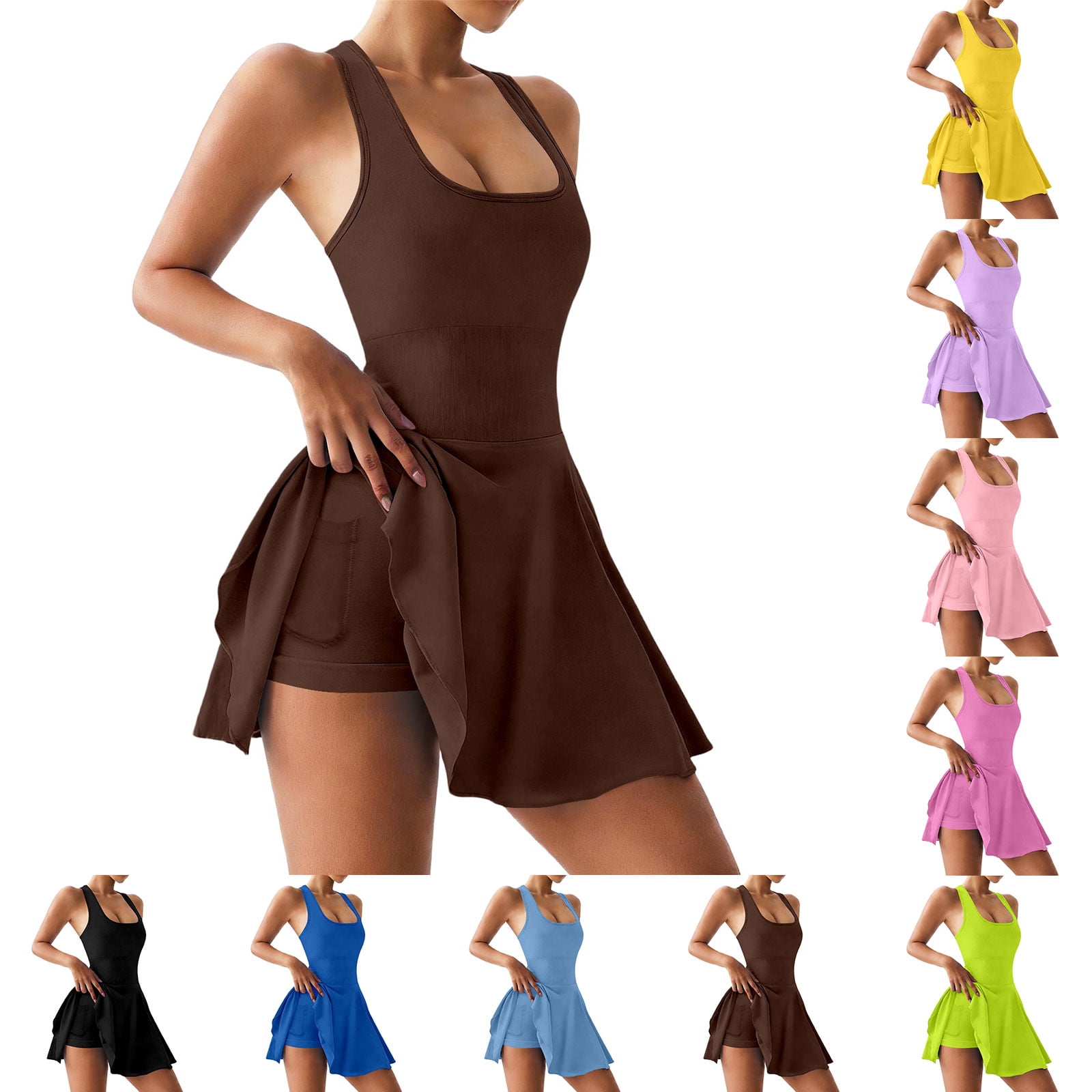 Tennis Dresses for Women Square Neck Athletic Running Dress with Built-in Short & Pockets Sleeveless Gym Work Out Dress (Brown M)