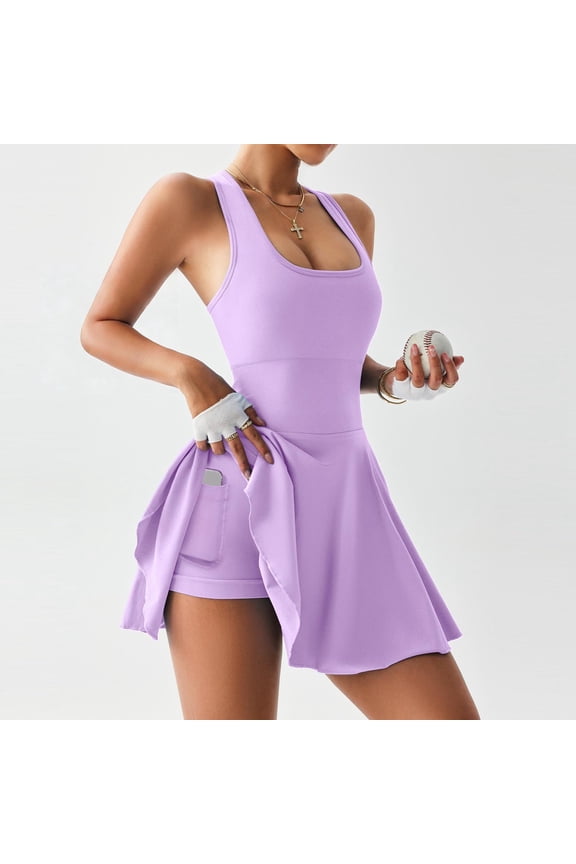 Tennis Dresses for Women Square Neck Athletic Running Dress with Built-in Short & Pockets Sleeveless Gym Work Out Dress (Purple L)