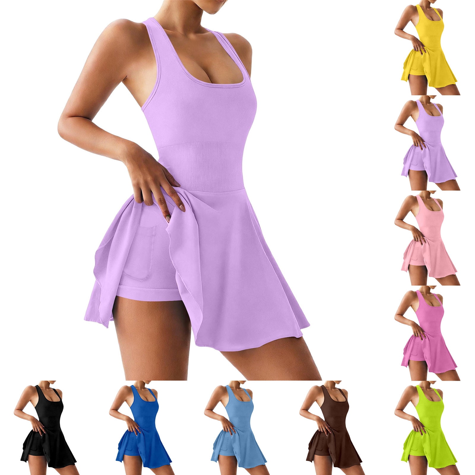 Tennis Dresses for Women Square Neck Athletic Running Dress with Built-in Short & Pockets Sleeveless Gym Work Out Dress (Purple L)