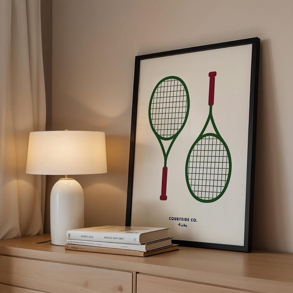 Tennis Gift, Tennis Racket Print, Green Burgundy Racquet Wall Art, Sports Print Home Decor #761, Stretched Canvas Size 16x24