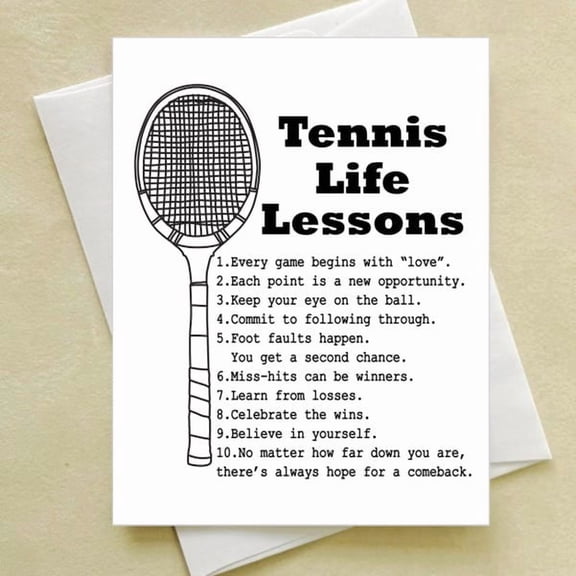 Tennis Life Lessons Greeting Card, Motivational Tennis Racket Design for Players, Coaches and Friends, Blank Inside for Personalized Wishes, Sports Themed Stationery