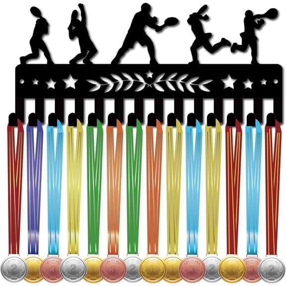 Tennis Medal Hanger Display Award Ribbon Holder with 14 Hooks Small Black Metal Iron Rack Medal Organizer for Wall Mount Ribbon Display Storage Hanging Awards Race Plaques 11.4x5.1 Inch for DIY