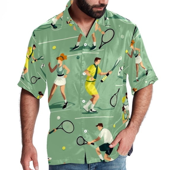 Tennis Men's Casual Printed Poplin Short Sleeve Button Down Beach Shirt with Spread Collar Top