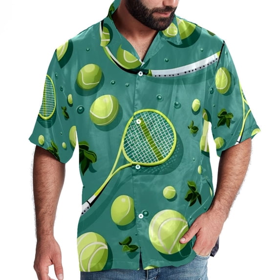 Tennis Men's Short Sleeve Poplin Shirt, Button Down Casual Summer Beach Printed Unisex Shirt