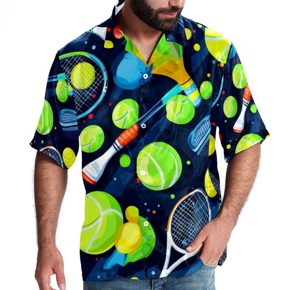 Tennis Men's Short Sleeve Shirts with Spread Collar Tops, Casual Printed Poplin Shirt, Button Down Short Summer Beach Shirts - Unisex