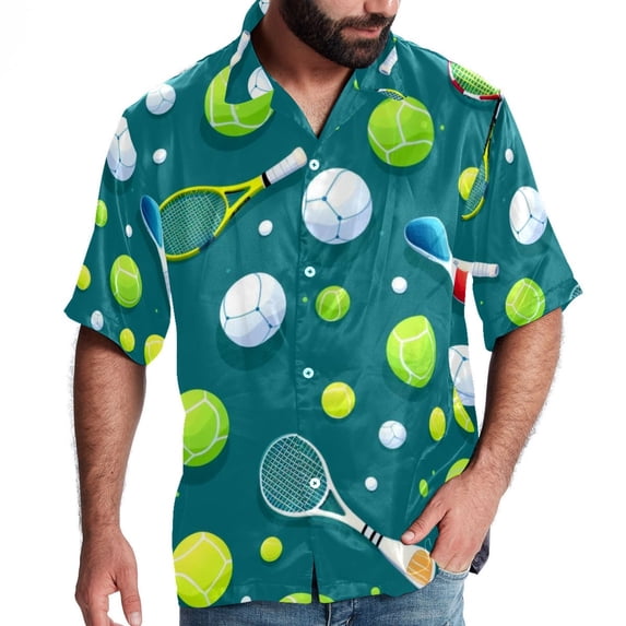 Tennis Men's Short Sleeve Spread Collar Tops, Casual Button Down Shirts, Printed Summer Beach Shirts, Unisex