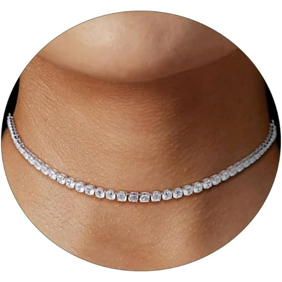 Tennis Necklace 14K Gold/Silver Plated Sparking Rhinestone Choker Necklaces 3mm Width Dainty Diamond Cubic Zirconia Tennis Chain Bridal Wedding Jewelry for Women