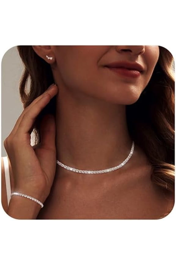Tennis Necklace Bracelet for Women, Dainty Sterling Sliver Choker Necklace Crystal Link Bracelet Stud Earrings for Women Wedding Jewelry for Bride Jewelry Set Accessories