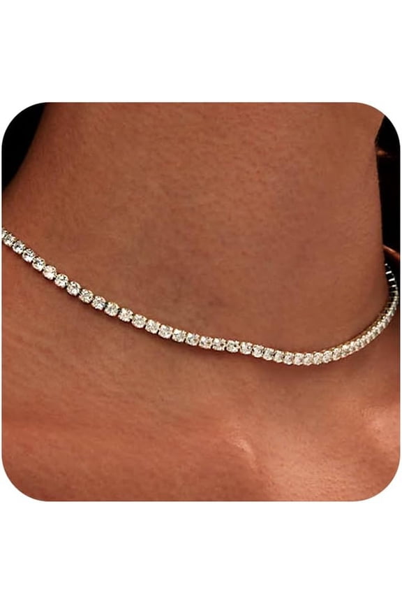 Tennis Necklace For Women 14K Gold Plated Or Silver Rhinestone Choker Necklaces Dainty Zirconia Cut Faux Diamond Chain 3Mm[o7095]
