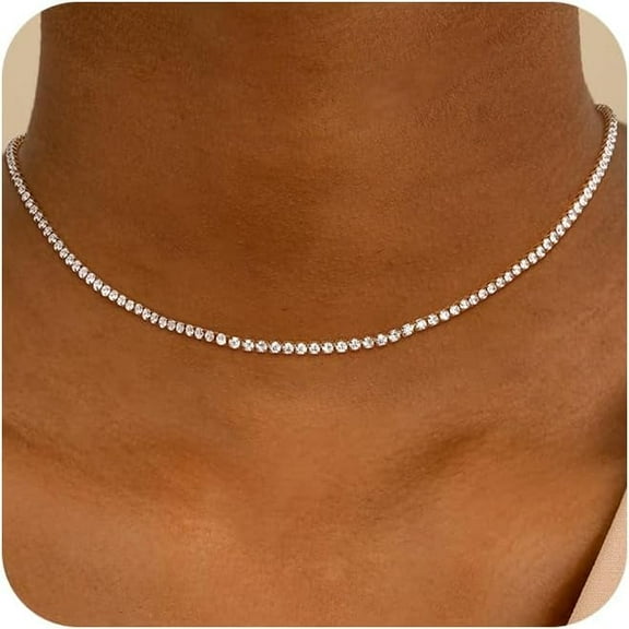 Tennis Necklace for Women, 14K Gold Plated/Sterling Silver Cubic Zirconia Tennis Chain, Dainty Rhinestone Choker Necklaces for Women Jewelry