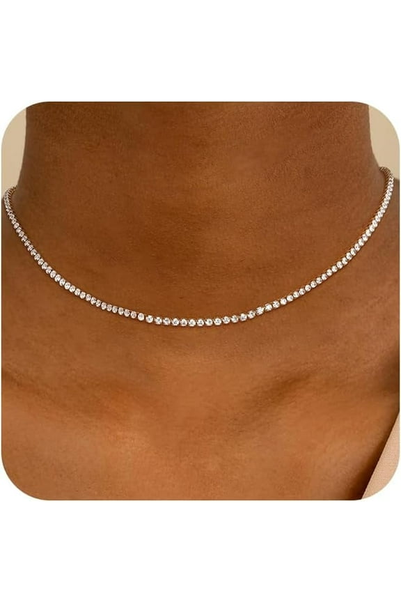 Tennis Necklace for Women, 14K Gold Plated/Sterling Silver Cubic Zirconia Tennis Chain, Dainty Rhinestone Choker Necklaces for Women Jewelry