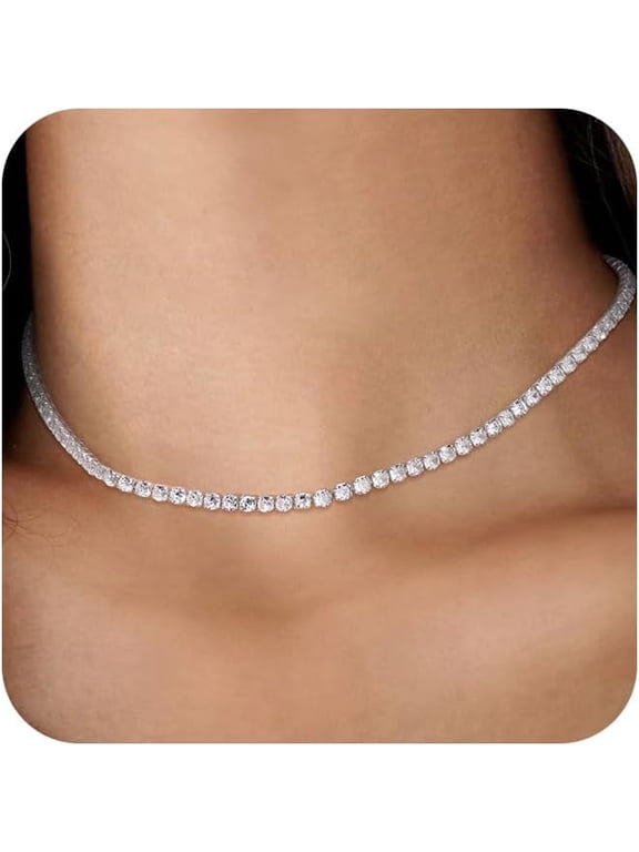 Tennis Necklace for Women, 14K Gold Plated/Sterling Silver Cubic Zirconia Tennis Chain, Dainty Rhinestone Choker Necklaces for Women Jewelry