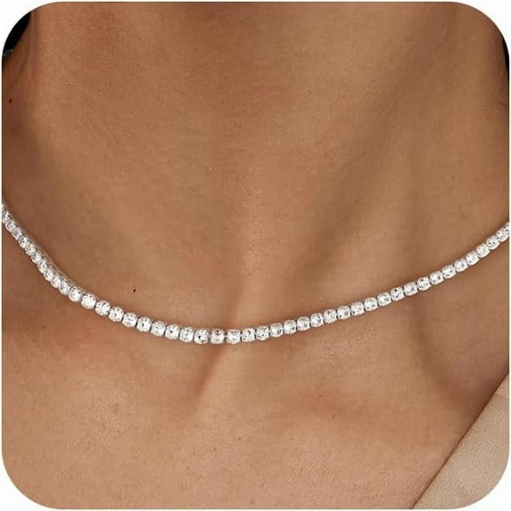 Tennis Necklace for Women, 14K Gold Plated/Sterling Silver Cubic Zirconia Tennis Chain, Dainty Rhinestone Choker Necklaces for Women Jewelry