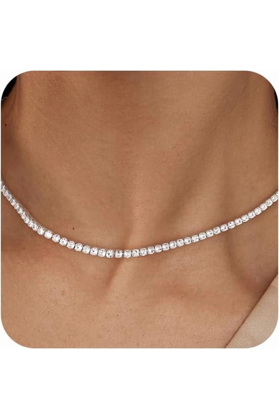 Tennis Necklace for Women, 14K Gold Plated/Sterling Silver Cubic Zirconia Tennis Chain, Dainty Rhinestone Choker Necklaces for Women Jewelry