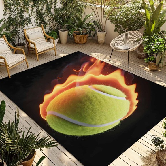 Tennis Outdoor Rug 5x8 Ft - Reversible Patio Rug Outdoor Camping Rugs, Modern Sport Glowing Ball Black Background Washable Indoor Outdoor Area Rugs, Non-Slip Outdoor Carpet Runner for Deck/Porch