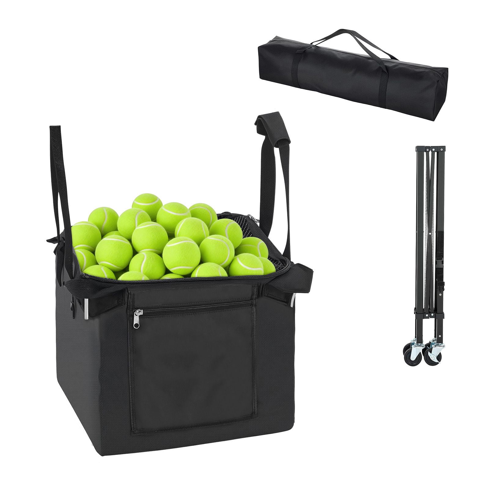 Tennis Pickleball ball funnel for 120 balls, foldable cart with wheels, lightweight aluminum, storage bag for training