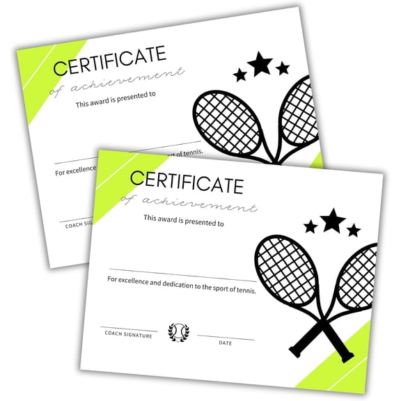 Tennis Player Certificate of Excellence 30pk 8.5x11 Achievement Award Racket Team Winner Tournament Improved Participation Ball Summer Court Recognition