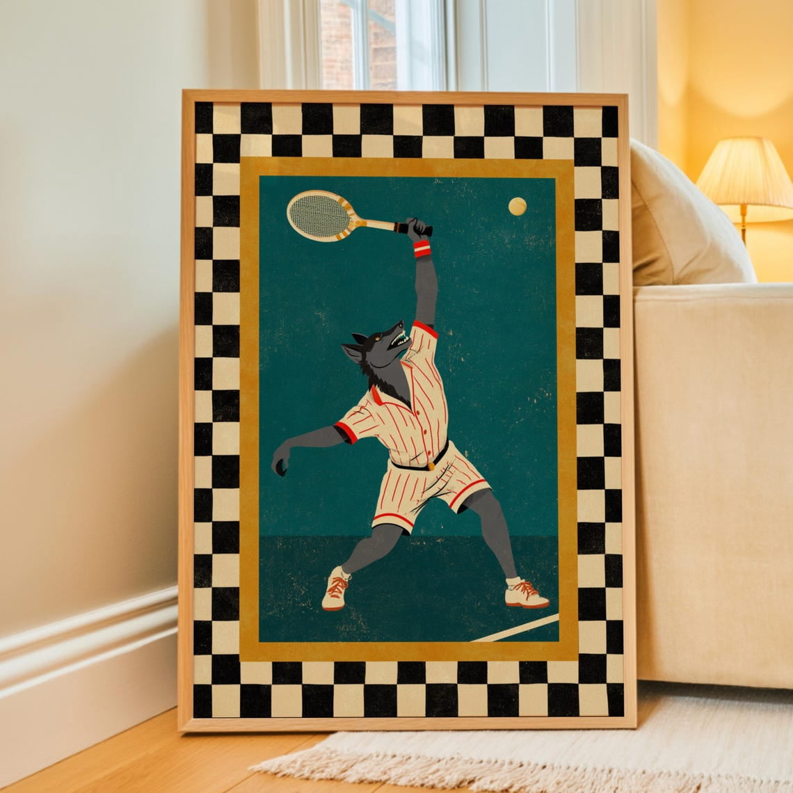 Tennis Playing Wolf Wall Art Print, Whimsical Vintage Animal Athlete ...