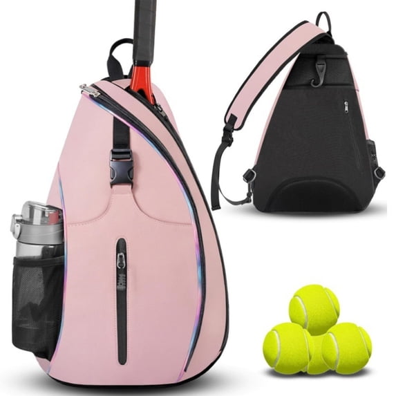 Tennis Racket Bag Backpack Sling Crossbody – Badminton Squash Pickleball Racquet Holder, Large Capacity 13" x 5.5" x 19.3", Anti-Theft Pockets, White Pink