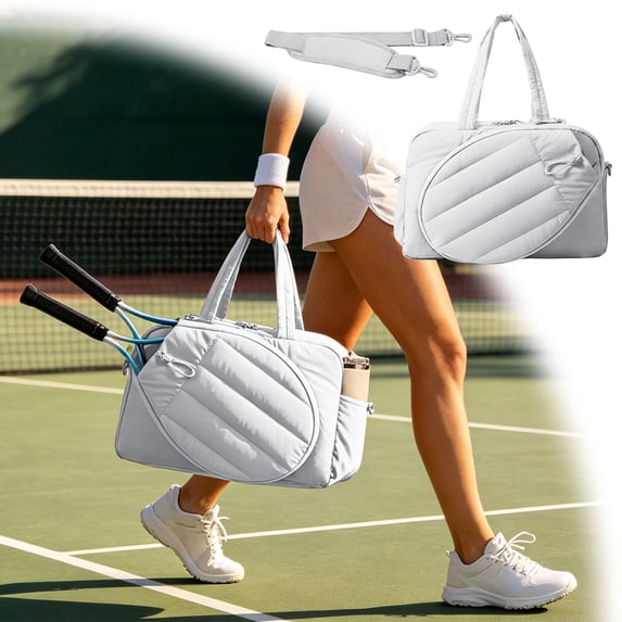 Tennis Racket Bag Gym Duffel for Women Men Quilted, Holds 2 Rackets with Shoe Compartment, Training Bag for Court Travel, Versatile Pickleball Overnight Bag, Sport Bags, White