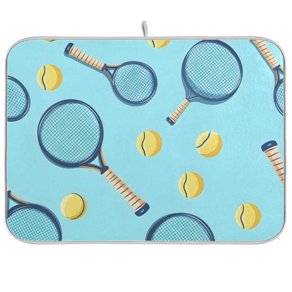Tennis Racket Ball on Blue Dish Drying Mats Kitchen Mat Microfiber Counter Absorbent Dish Pad Drainer Rack 18"x24"